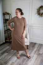 Nuggles® Allie Dress – Modest ribbed knit T-shirt dress with 3/4 sleeves and front pocket.