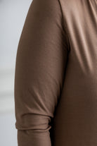 Nuggles® Allie Dress – Modest ribbed knit T-shirt dress with 3/4 sleeves and front pocket.