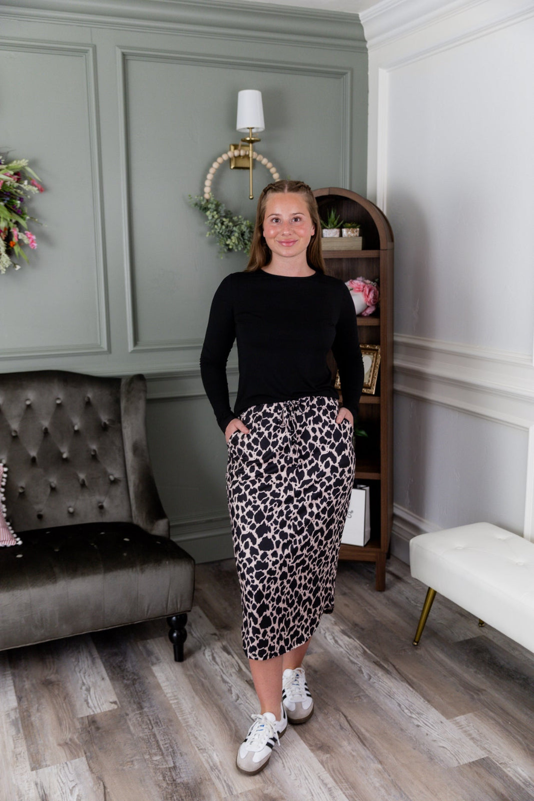 Model wearing Nuggles®31" Drawstring Skirt in Chic Leopard