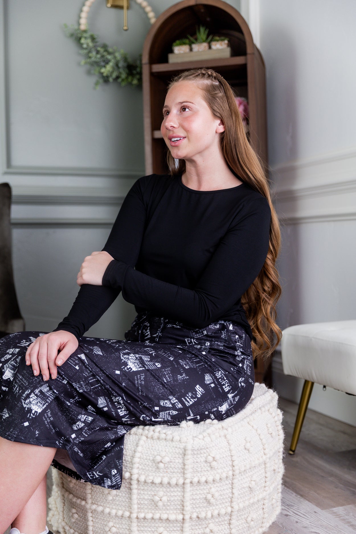 Model wearing Modest Nuggles® 31" Drawstring Skirt in Night in the Sky