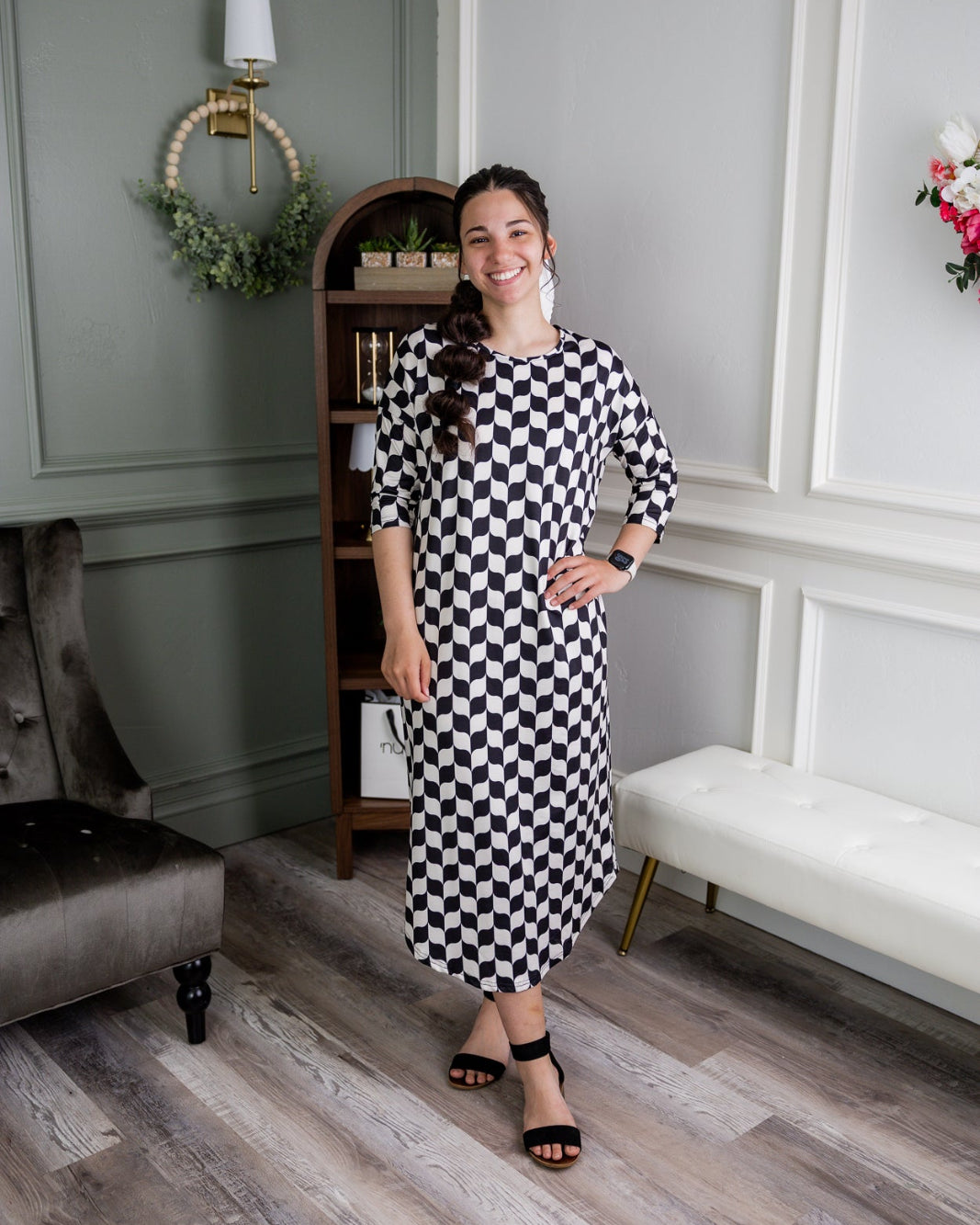 Model wearing Nuggles® Heather Dress in Wavy Checkerboard