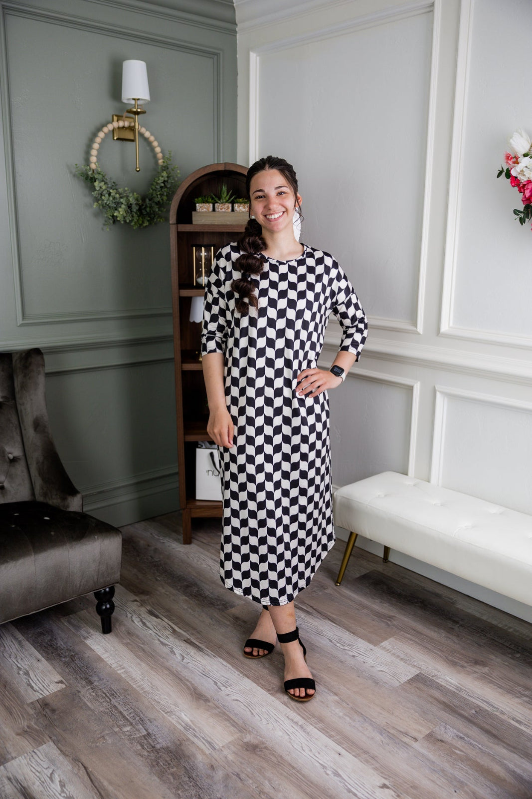 Model wearing Nuggles® Heather Dress in Wavy Checkerboard