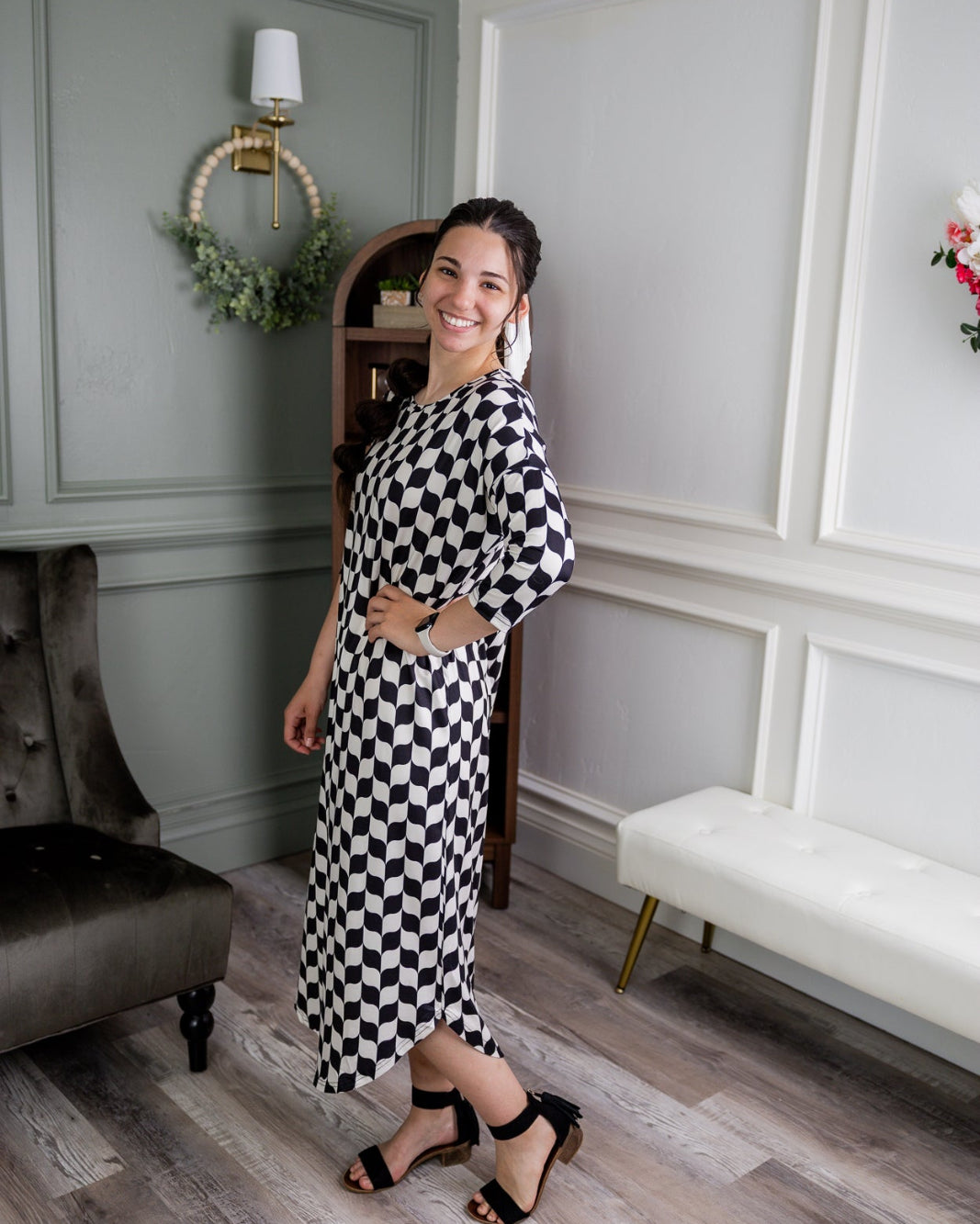 Model wearing Nuggles® Heather Dress in Wavy Checkerboard