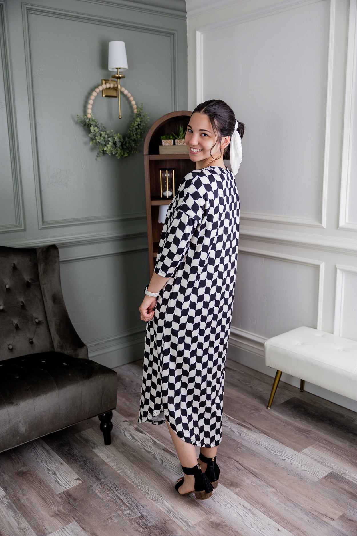 Model wearing Nuggles® Heather Dress in Wavy Checkerboard