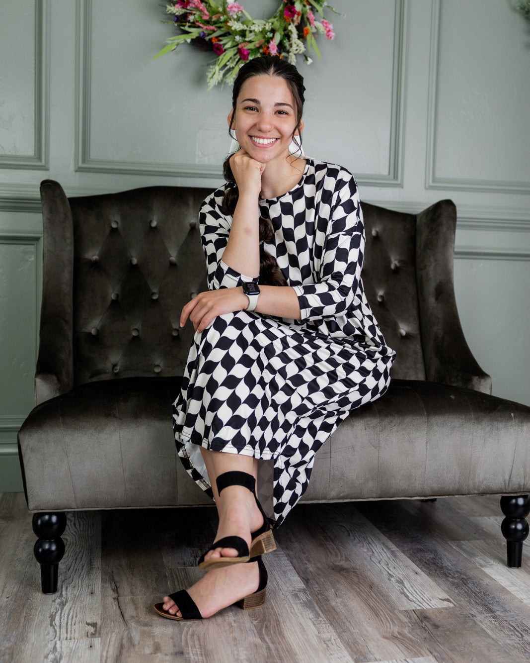 Model wearing Nuggles® Heather Dress in Wavy Checkerboard