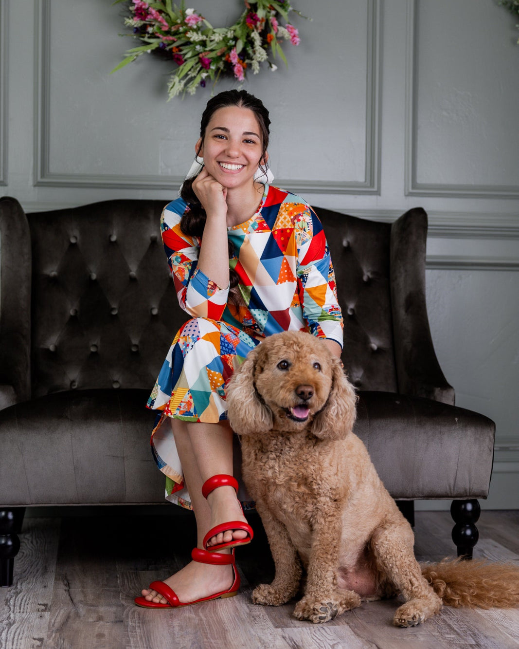 Model wearing Nuggles® Heather Dress in Triangle Taffy