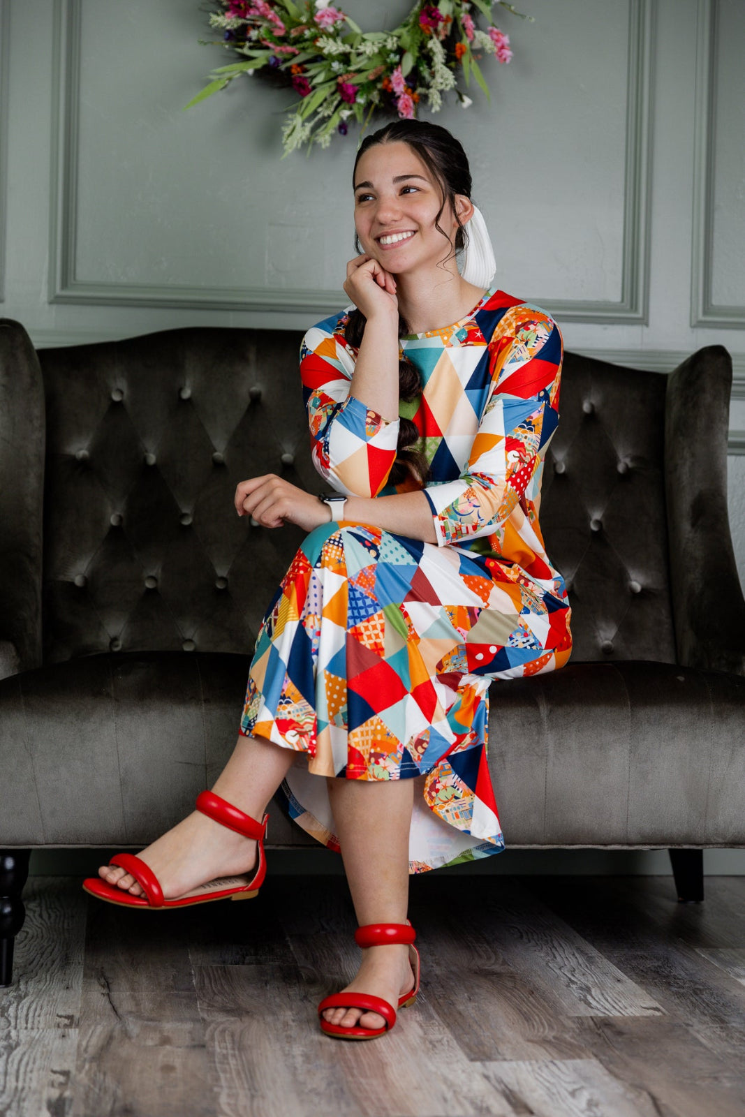 Model wearing Nuggles® Heather Dress in Triangle Taffy