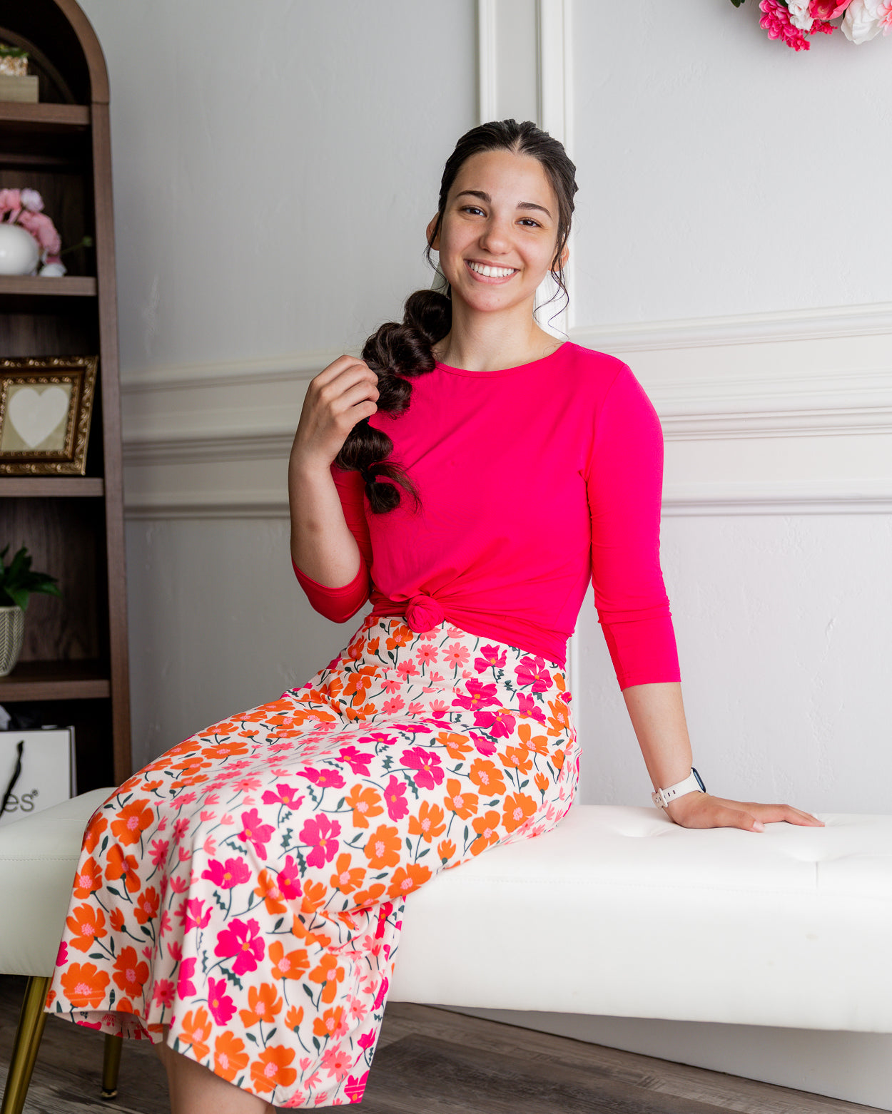Model wearing Nuggles® 31" All-Sport Skirt in Meadow Sunset Garden