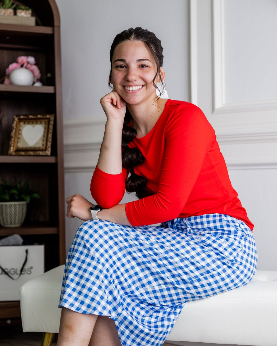 Model wearing Nuggles®31" Drawstring Skirt in Sky Gingham