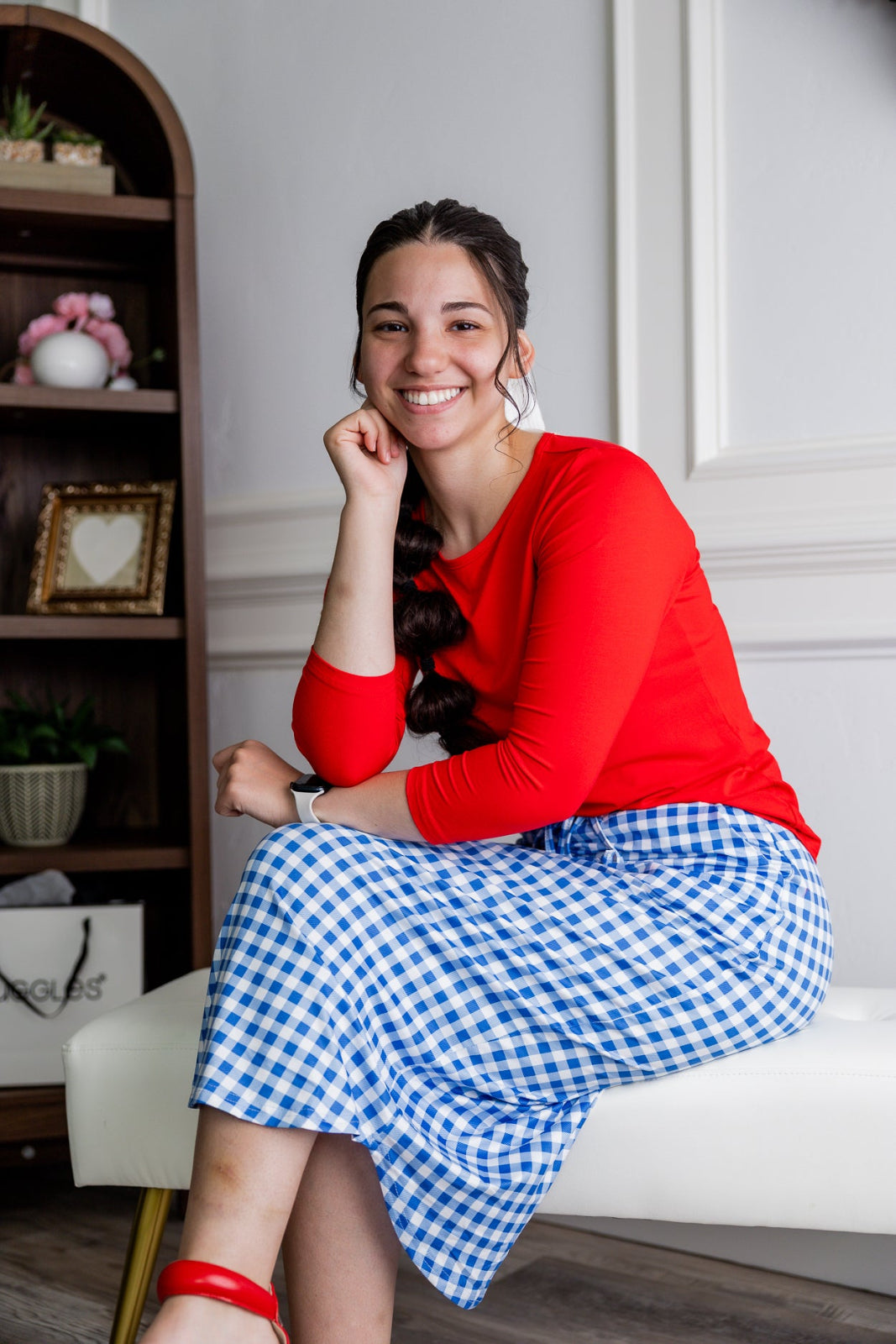Model wearing Nuggles®31" Drawstring Skirt in Sky Gingham