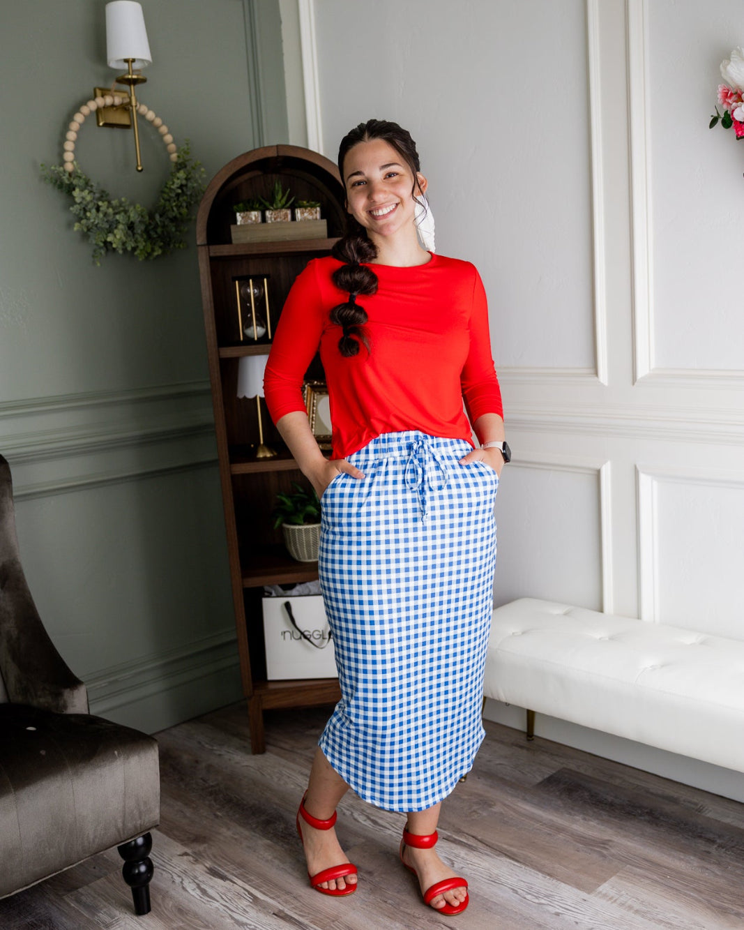 Model wearing Nuggles®31" Drawstring Skirt in Sky Gingham