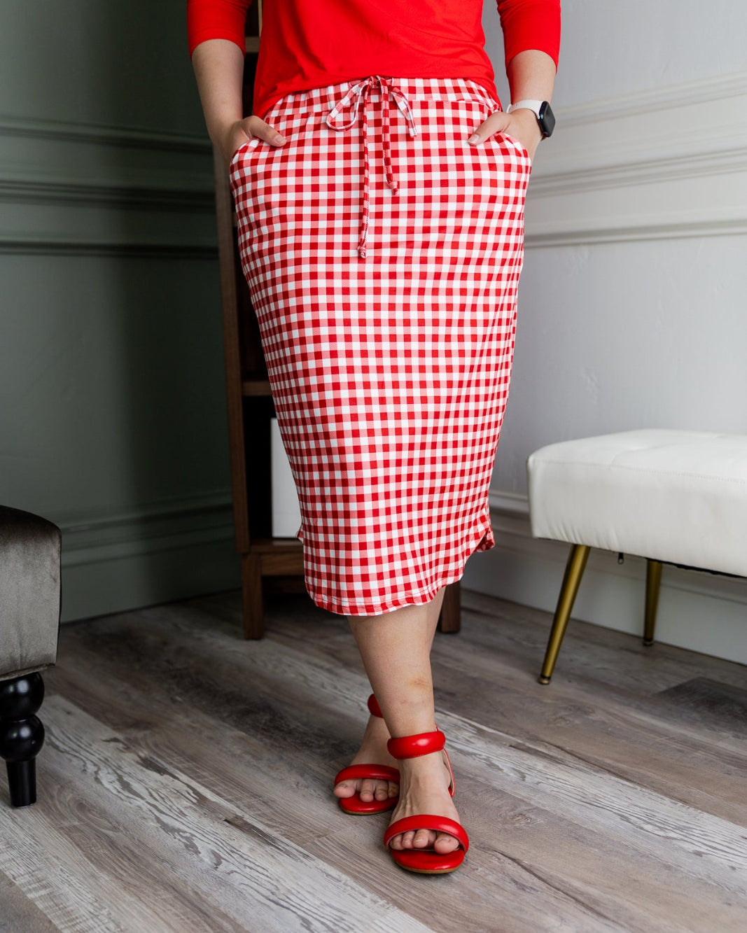 Model wearing Nuggles® 27" Drawstring Skirt in Cherry Jam