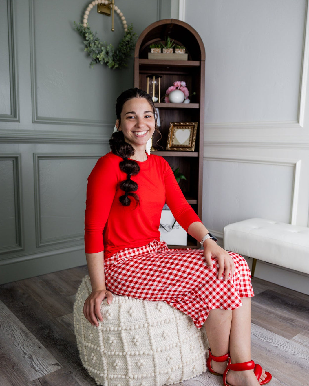 Model wearing Nuggles® 27" Drawstring Skirt in Cherry Jam
