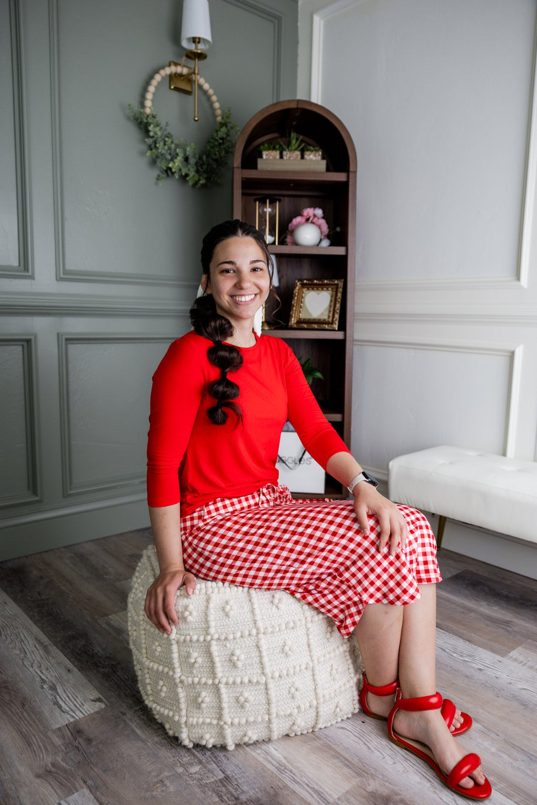 Model wearing Nuggles® 27" Drawstring Skirt in Cherry Jam