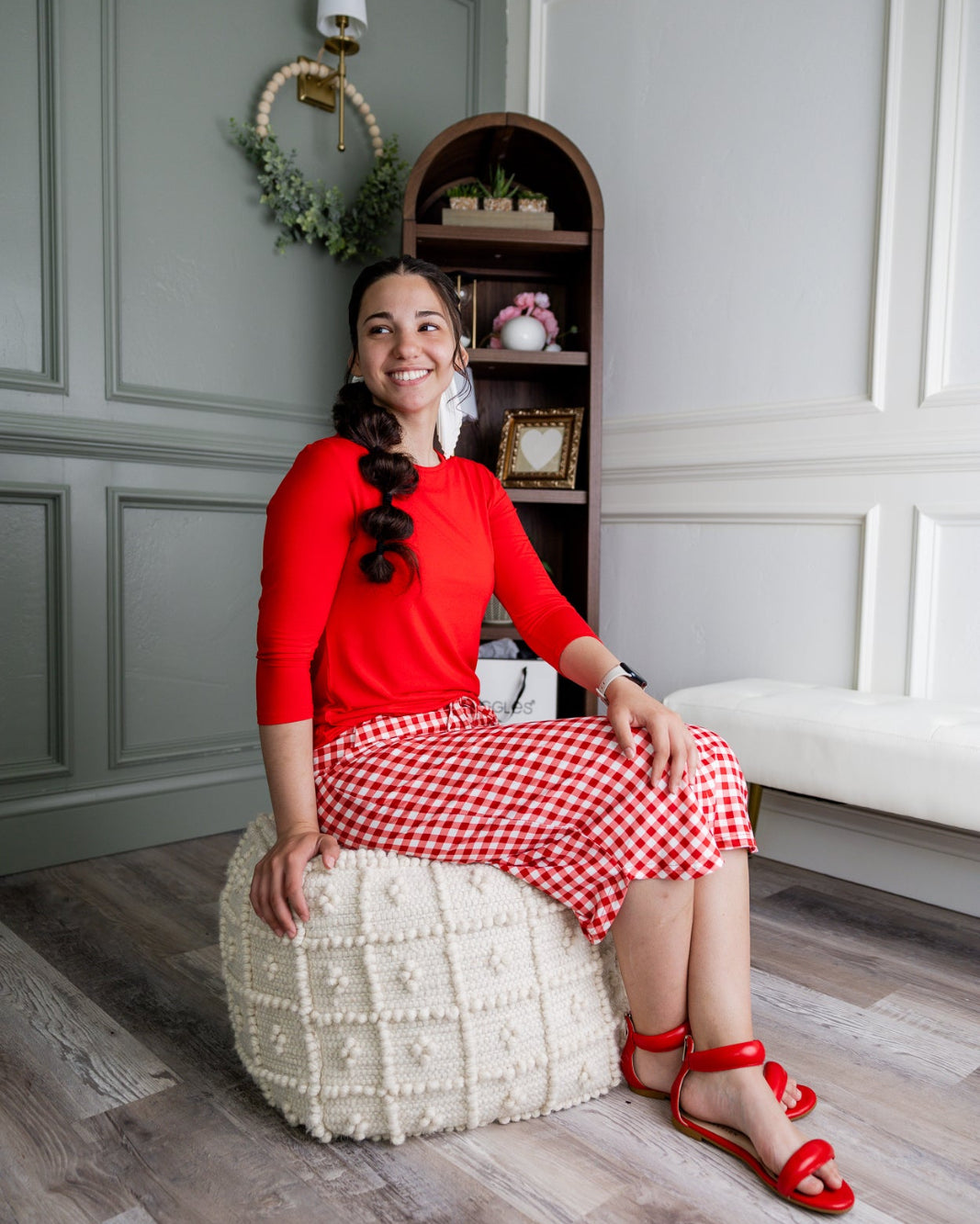 Model wearing Nuggles® 27" Drawstring Skirt in Cherry Jam