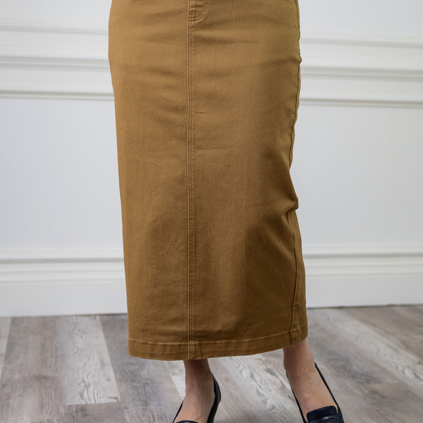 Model wearing Nuggles® modest 34" Denim Skirt.