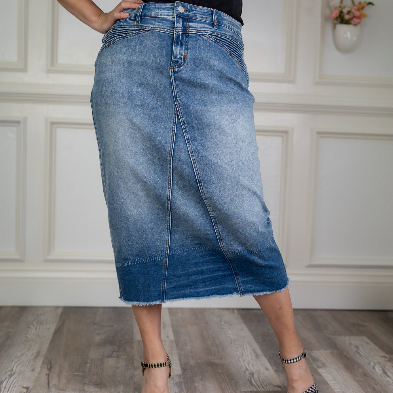 Modest denim skirt with stretch waistband and front/back pockets – available in 27", 31", and 34" lengths – Nuggles® exclusive