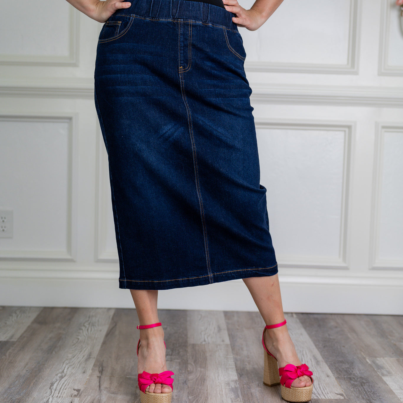 Modest denim skirt with stretch waistband and front/back pockets – available in 27", 31", and 34" lengths – Nuggles® exclusive