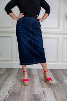Modest denim skirt with stretch waistband and front/back pockets – available in 27", 31", and 34" lengths – Nuggles® exclusive