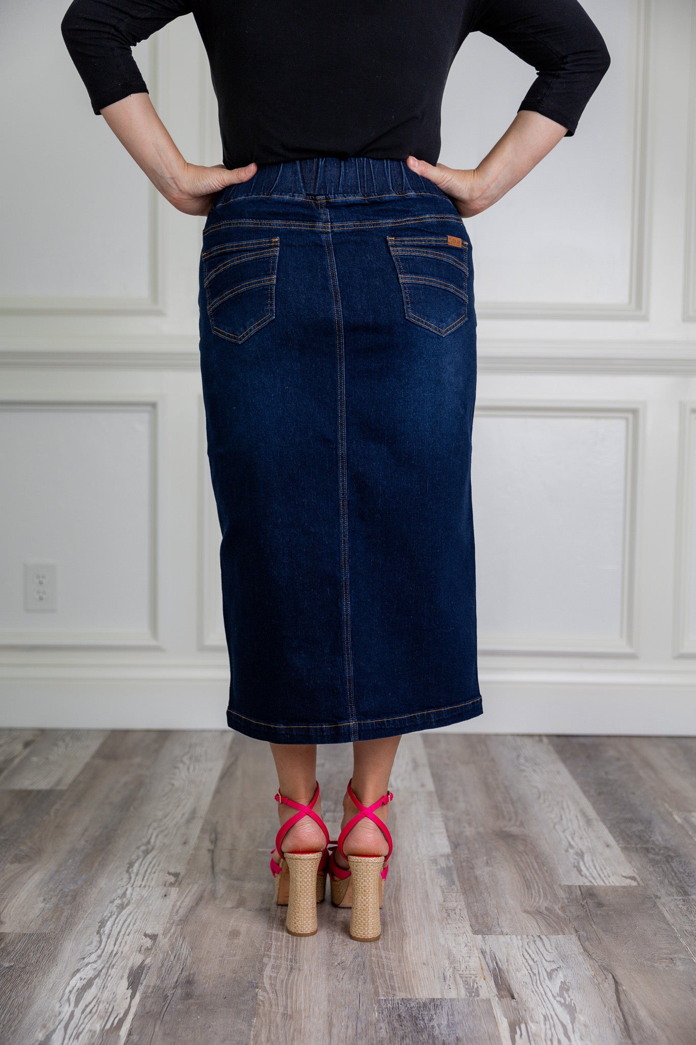 Modest denim skirt with stretch waistband and front/back pockets – available in 27", 31", and 34" lengths – Nuggles® exclusive