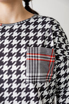 Modest women's Paisley Top with 3/4 sleeves, front pocket, and contrast knit fabrics, styled with a classic skirt – perfect for everyday wear or church outfits