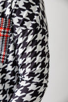 Modest women's Paisley Top with 3/4 sleeves, front pocket, and contrast knit fabrics, styled with a classic skirt – perfect for everyday wear or church outfits