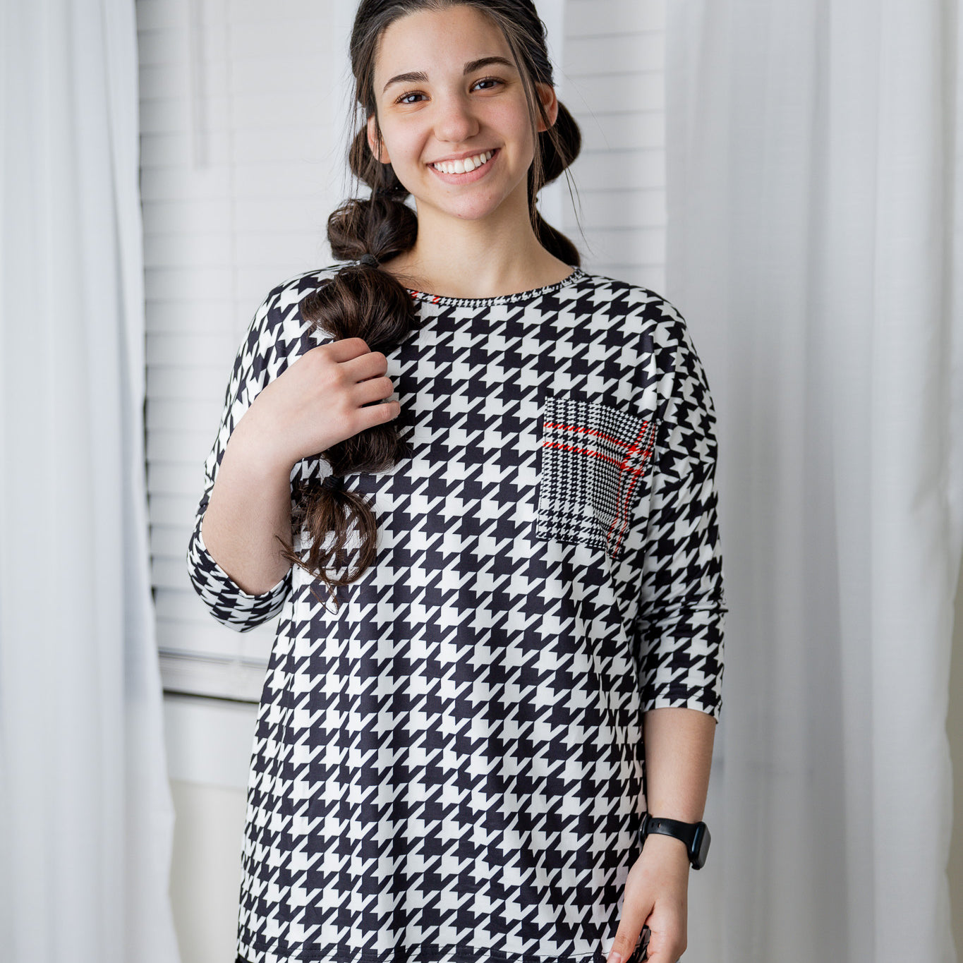 Modest women's Paisley Top with 3/4 sleeves, front pocket, and contrast knit fabrics, styled with a classic skirt – perfect for everyday wear or church outfits