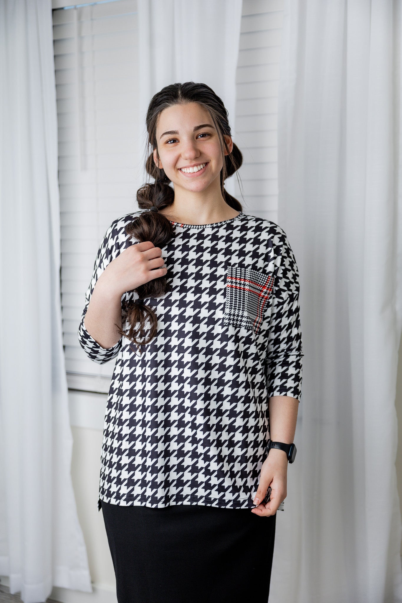 Modest women's Paisley Top with 3/4 sleeves, front pocket, and contrast knit fabrics, styled with a classic skirt – perfect for everyday wear or church outfits