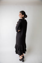 Modest ruffle layering dress for women in textured fabric – perfect for church, everyday wear, or layering outfits.