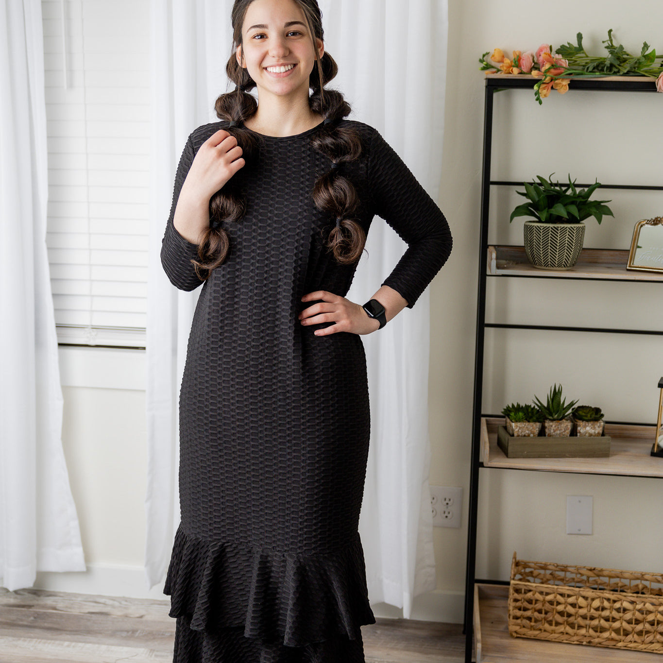Modest ruffle layering dress for women in textured fabric – perfect for church, everyday wear, or layering outfits.