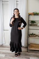 Modest ruffle layering dress for women in textured fabric – perfect for church, everyday wear, or layering outfits.