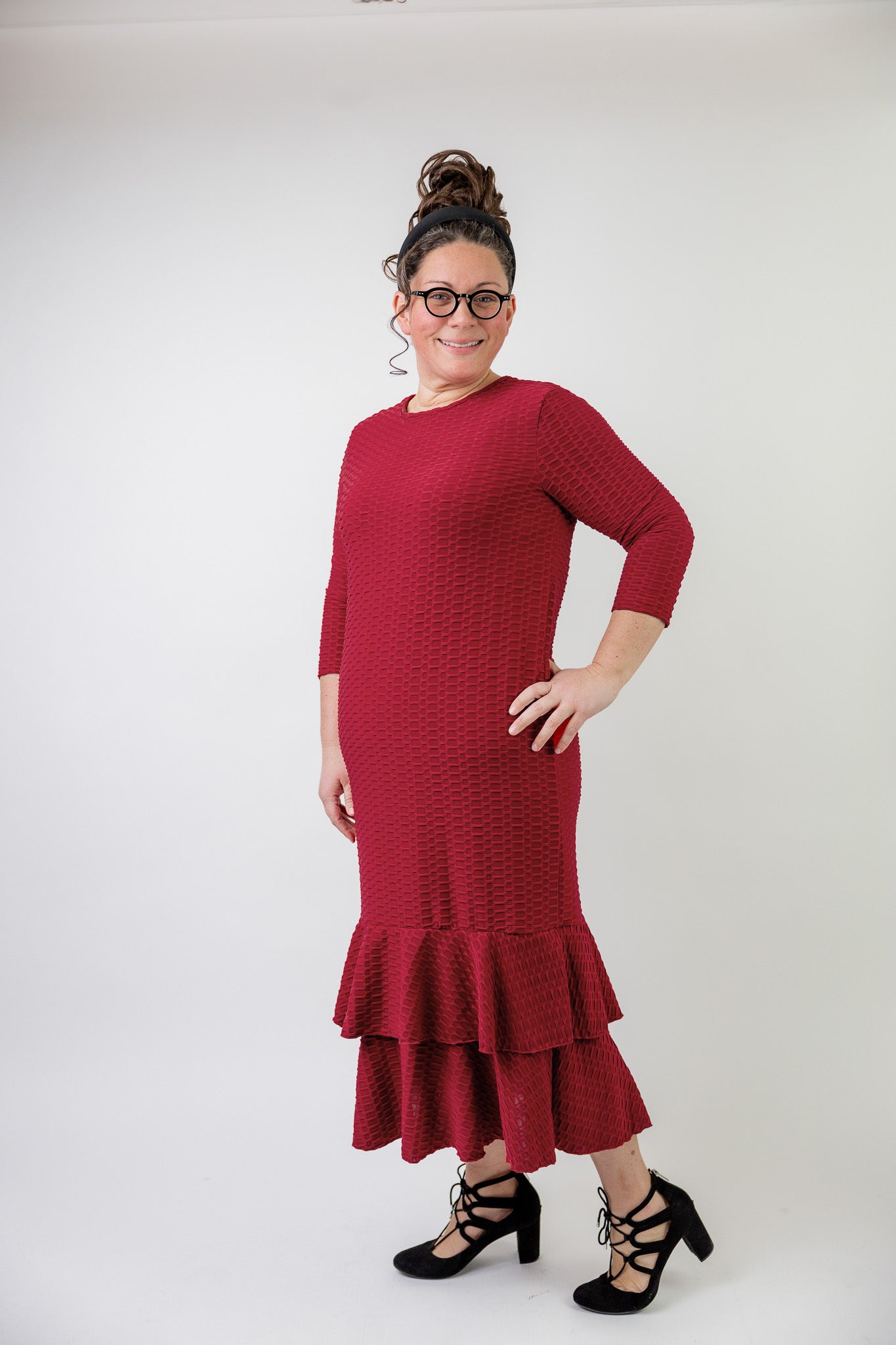 Modest ruffle layering dress for women in textured fabric – perfect for church, everyday wear, or layering outfits.