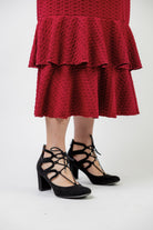 Modest ruffle layering dress for women in textured fabric – perfect for church, everyday wear, or layering outfits.