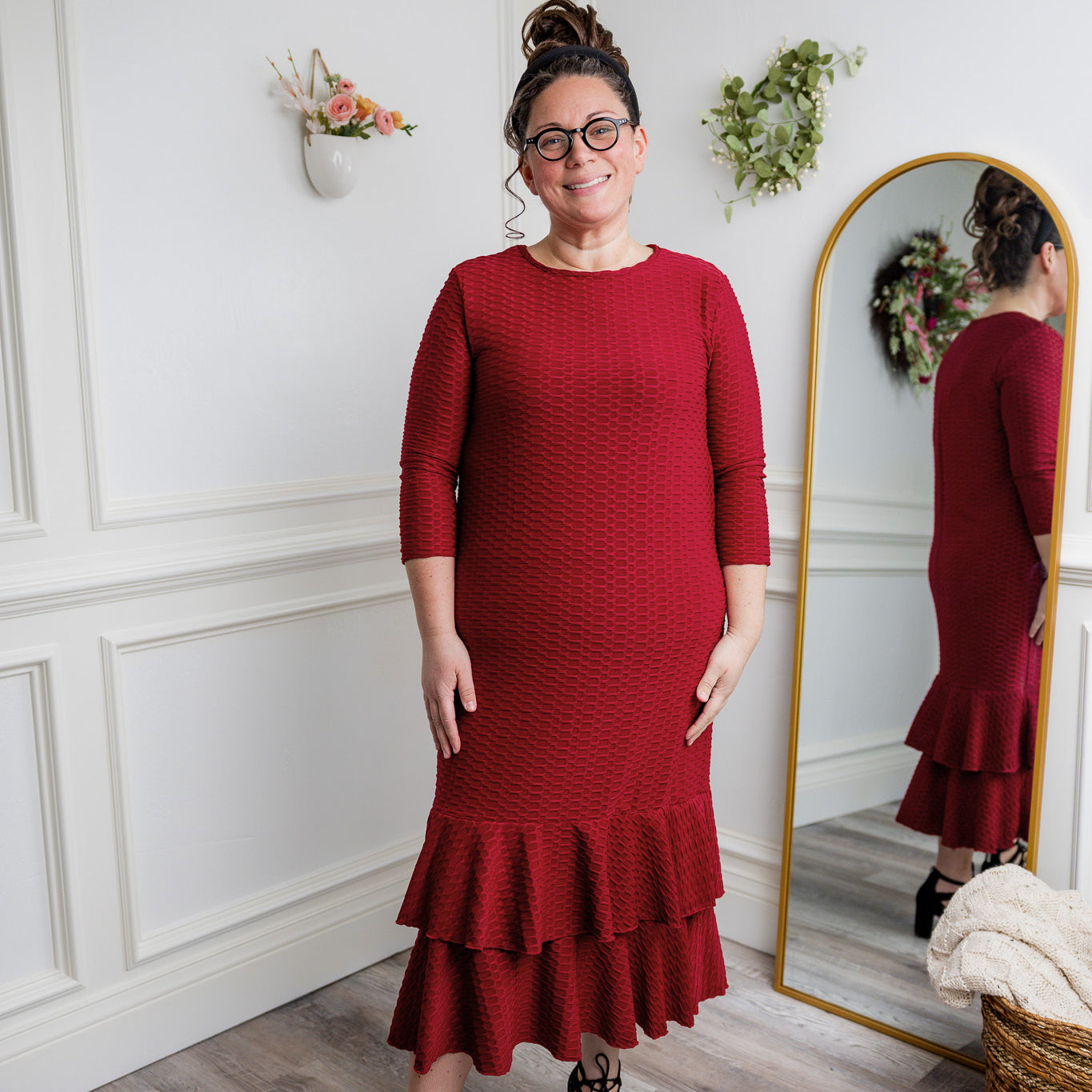 Modest ruffle layering dress for women in textured fabric – perfect for church, everyday wear, or layering outfits.