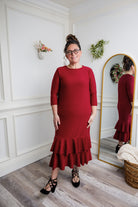 Modest ruffle layering dress for women in textured fabric – perfect for church, everyday wear, or layering outfits.