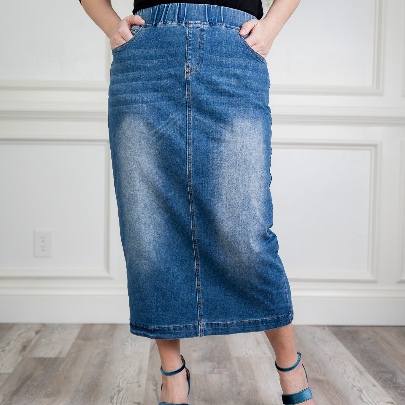 Model wearing Nuggles® modest 34" Denim Skirt.
