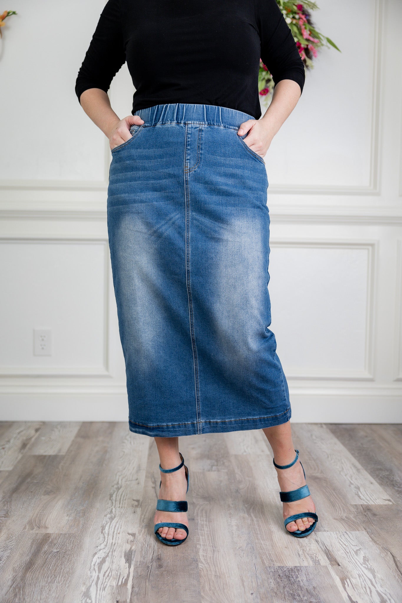 Model wearing Nuggles® modest 34" Denim Skirt.