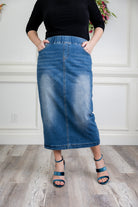 Model wearing Nuggles® modest 34" Denim Skirt.