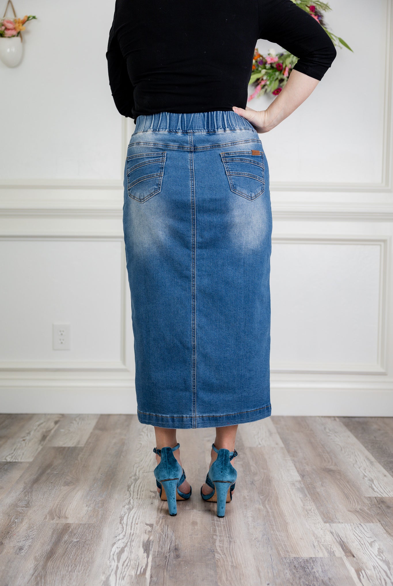 Model wearing Nuggles® modest 34" Denim Skirt.