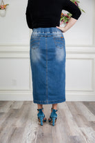 Model wearing Nuggles® modest 34" Denim Skirt.