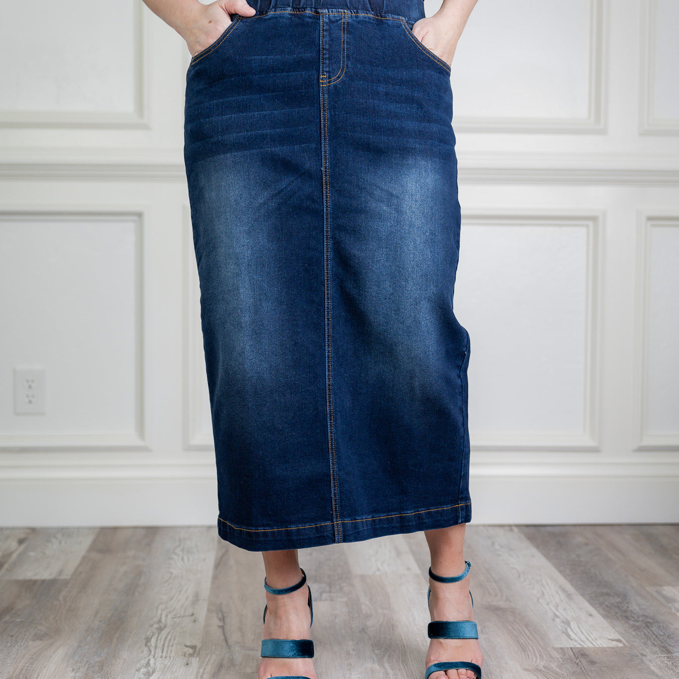 Model wearing Nuggles® modest 34" Denim Skirt.