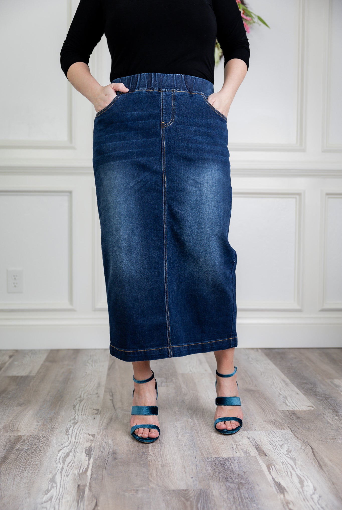 Model wearing Nuggles® modest 34" Denim Skirt.