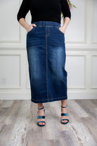 Model wearing Nuggles® modest 34" Denim Skirt.