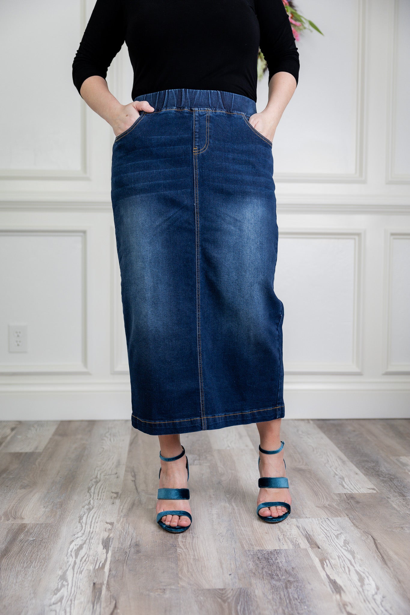 Model wearing Nuggles® modest 34" Denim Skirt.