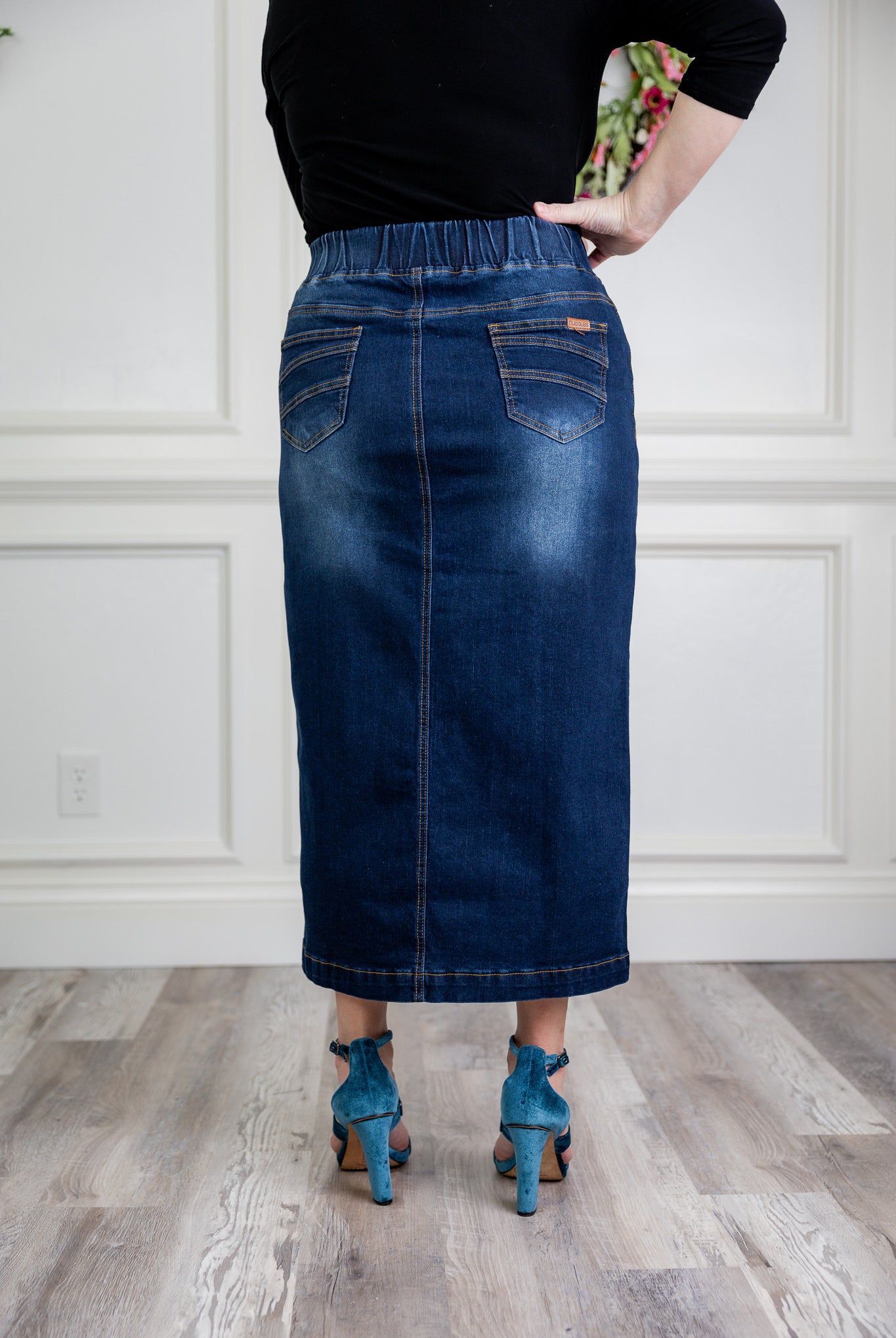 Model wearing Nuggles® modest 34" Denim Skirt.