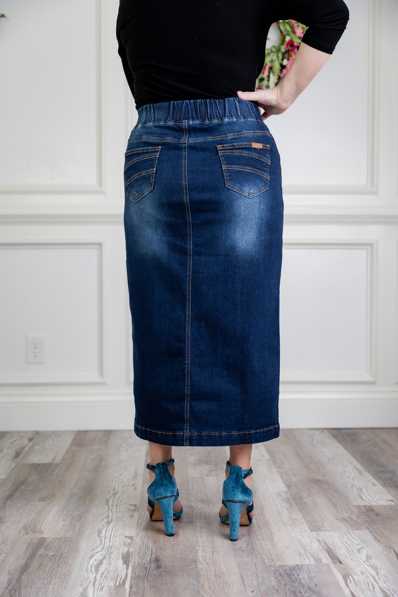 Model wearing Nuggles® modest 34" Denim Skirt.