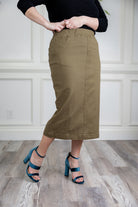 Modest denim skirt with stretch waistband and front/back pockets – available in 27", 31", and 34" lengths – Nuggles® exclusive