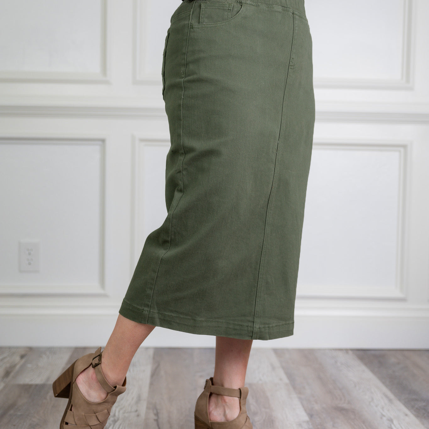 Modest denim skirt with stretch waistband and front/back pockets – available in 27", 31", and 34" lengths – Nuggles® exclusive