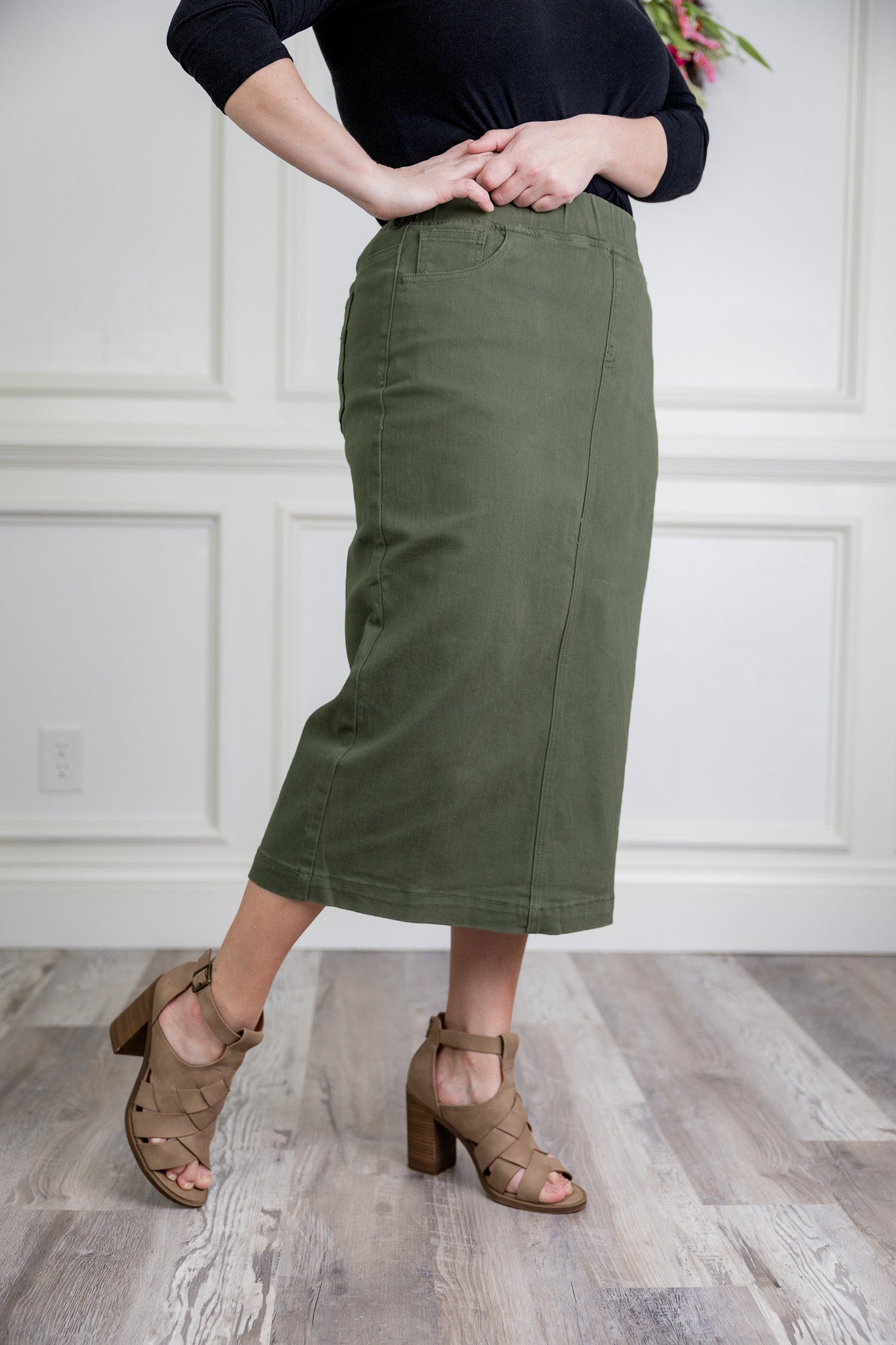 Modest denim skirt with stretch waistband and front/back pockets – available in 27", 31", and 34" lengths – Nuggles® exclusive