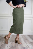 Modest denim skirt with stretch waistband and front/back pockets – available in 27", 31", and 34" lengths – Nuggles® exclusive
